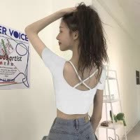 春夏新款露背短袖T恤女休闲韩国女装修身露脐短款上衣纯色打底衫