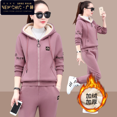 广赫连帽卫衣套装女2020秋冬新款加厚宽松大码两件套减龄加绒运动服潮卫衣