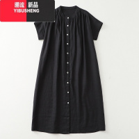 YIBUSHENG日系复古娃娃领棉麻短袖连衣裙大码女装宽松褶皱亚麻休闲中长裙