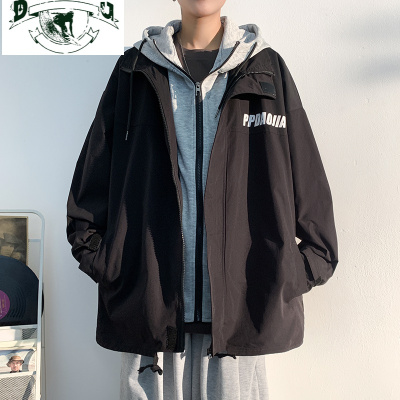 HLCOMAN工装外套男假两件连帽夹克衫港风宽松百搭潮牌男装上衣休闲运动服夹克