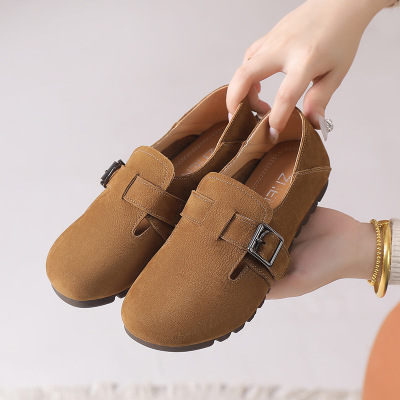 真皮平底博肯鞋女秋季新款百搭皮带扣单鞋复古软底大码豆豆鞋