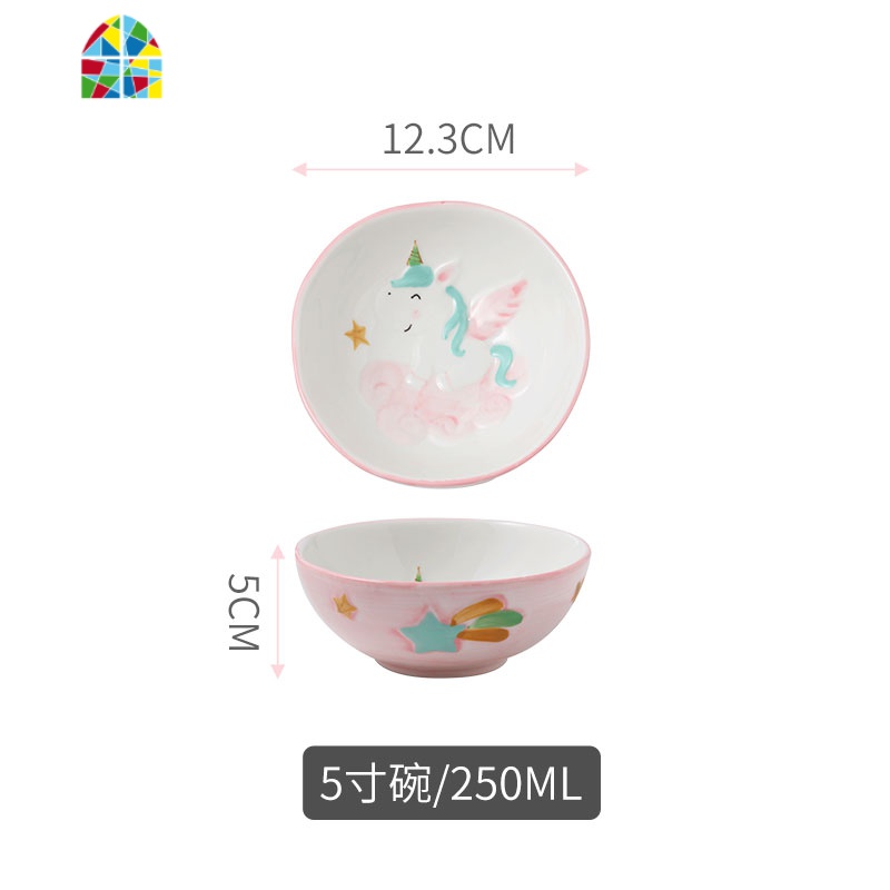 网红家用餐具套装碗盘可爱儿童陶瓷饭碗创意泡面碗菜盘子可微波炉 FENGHOU 粉色独角兽奶锅+奶锅盘