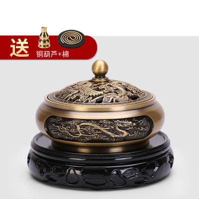 铜盘香炉家用室内香薰炉仿古沉香熏香炉供佛摆件-龙F呈祥-+底座+铜香插