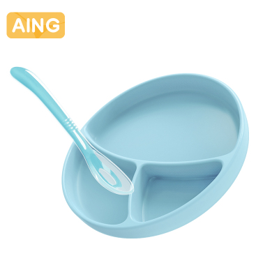 aing爱音儿童餐具宝宝分格餐盘硅胶吸盘碗勺套装婴儿防滑辅食碗蓝色餐盘+勺子
