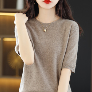 羊毛圆领五分袖针织衫女春秋短袖上衣宽松中袖T恤纯色打底衫