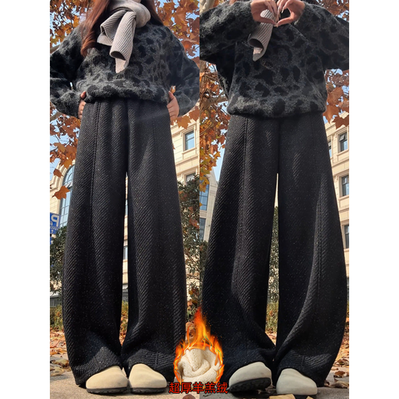 黑色羊羔绒裤子女冬加绒加厚小个子雪尼尔特厚毛呢休闲阔腿裤
