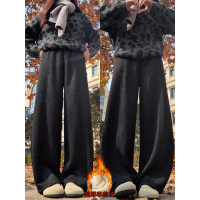 黑色羊羔绒裤子女冬加绒加厚小个子雪尼尔特厚毛呢休闲阔腿裤_663_386