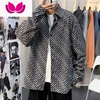 七斓ins痞帅长袖衬衫男港风夏季休闲外套潮牌宽松百搭慵懒风印花衬衣