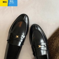 聚范全~复古风小金扣乐福鞋女圆头平底单鞋一脚蹬粗跟小皮鞋