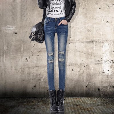 芷臻zhizhen春秋季新款做旧破洞修身显瘦弹力中腰铅笔裤小脚裤牛仔裤女士长裤子女士牛仔裤