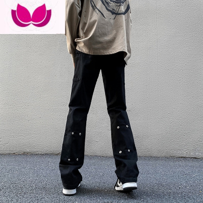 七斓欧美高街vibe裤子男小众设计感黑色排扣牛仔裤男款修身直筒微喇裤