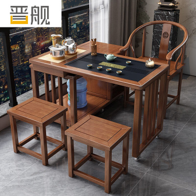 晋舰新中式旋转茶桌阳台移动功夫茶台一体泡茶桌椅组合1m茶桌1围2方凳