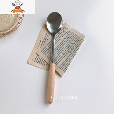 简约ins圆柱木柄筷子刀叉勺子西餐具套装不锈钢复古餐具蛋糕刀叉 敬平 圆勺(长21CM)