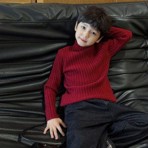 童酷男童冬季新款韩版半高领宝宝针织衫纯色坑条打底儿童毛衣