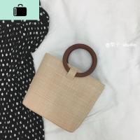 包包女2019新款chic风圆环木柄编织手提包编沙滩单肩女包潮NEW LAKE 图色女士单肩包