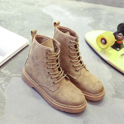 迪鲁奥（DILUAO)早秋女2021年新款秋季女靴子系带防滑耐磨磨砂绒面纯色简约英伦风款女鞋百搭单靴