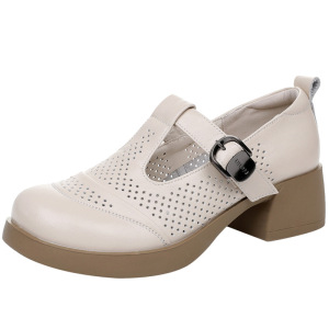 25春夏新款妈妈鞋英伦复古风粗跟洞洞鞋中跟丁字扣厚底一字带休闲