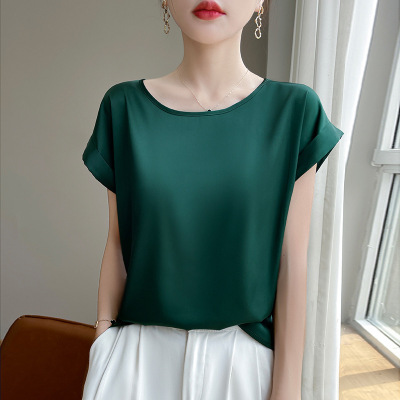 法式重磅丝滑缎面短袖T恤女夏季圆领宽松简约纯色内搭上衣