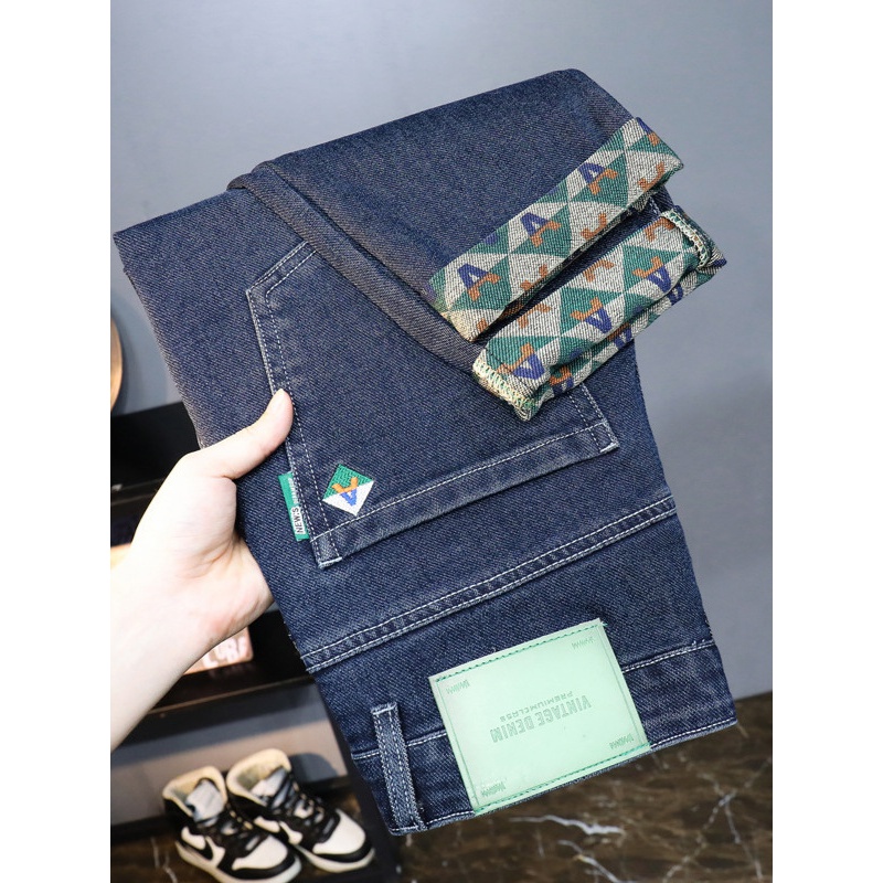 全底印花牛仔裤秋季男修身时尚刺绣厚款裤子男士