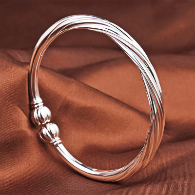 9999纯银手镯女用炫彩银饰民族风饰品开口对珠银镯子送女朋友老婆情人节七夕生日礼物