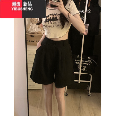 YIBUSHENG时尚宽松简约西装阔腿休闲裤女季2024新款松紧高腰百搭慵懒短裤