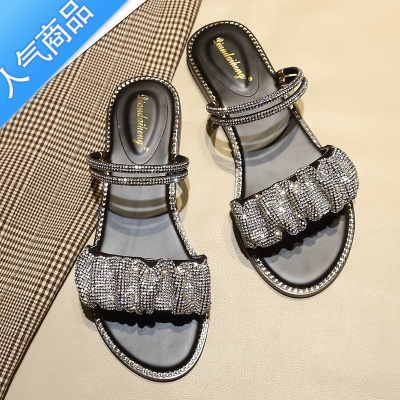 SUNTEK水钻凉鞋女夏季2023年新款平底时尚外穿百搭女士一字带两穿凉拖鞋