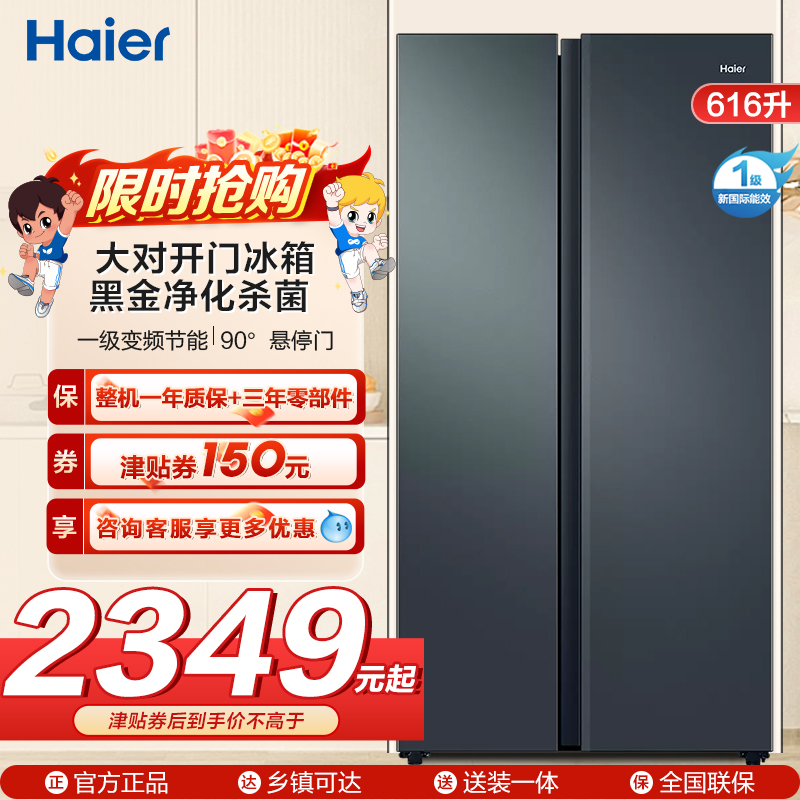 海尔(Haier)616升对开门超薄嵌入冰箱 鲸式储量 黑金净化 双变频一级能效 BCD-616WGHSSEDC9