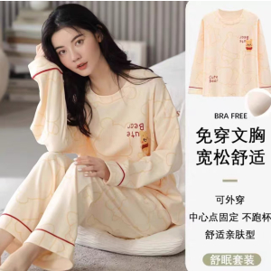 新款啄木鸟100%纯棉睡衣女春秋季长袖带胸垫秋冬可外穿家居服套装
