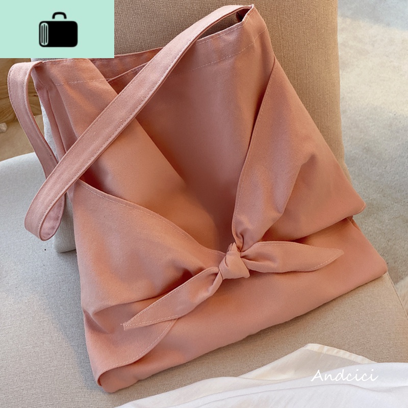 chic韩系少女心蝴蝶结设计ins纯色百搭单肩帆布包布袋女学生书包NEW LAKE女士单肩包