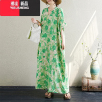 YIBUSHENG红色花过膝长裙子季花色度假风旅游V领复古长裙遮肉棉麻连衣裙