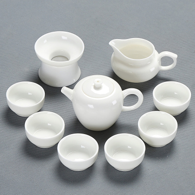 烘焙精灵白瓷泡茶喝茶盖碗茶壶茶杯家用陶瓷 羊脂玉玉兰壶茶具9件套