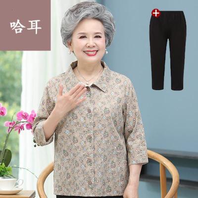 老年人夏装女妈妈装春夏棉麻衬衫中老年人女装碎花衬衣奶奶薄款夏季七分袖开衫女款半袖短袖衬衫寸衫女