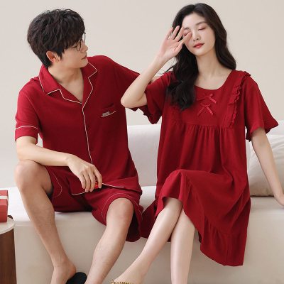 情侣睡衣女夏季仿棉短袖薄款结婚喜庆本命年大红色男士家居服套装