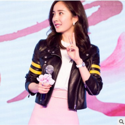 秋季真皮机车皮衣女短款西装领绵羊皮修身皮夹克外套黑色CYDDWQE