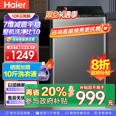 海尔(Haier)10公斤 变频 全自动 波轮洗衣机 1.0洗净比 纳米微泡净 除菌除螨 XQB100-BZ20B0