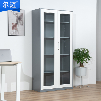 尔迈 文件柜拆装薄边办公柜钢制铁皮柜资料柜档案柜室内储物柜 灰白套色通玻对开文件柜