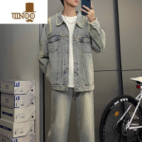 YANXU复古美式高街牛仔外套男新款痞帅破洞毛边宽松百搭夹克ins潮