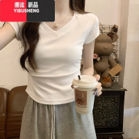 YIBUSHENG美式正肩白色短袖t恤女季2024新款设计感辣妹褶皱v领短款上衣