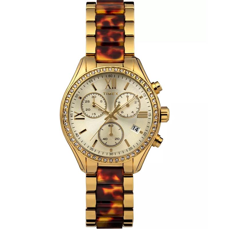 Timex 女士石英真皮金框镶钻防水mm多功能时尚商务手表