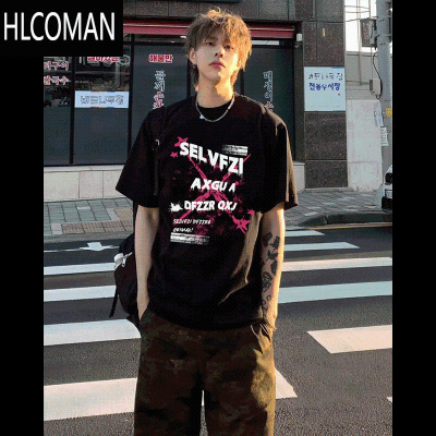 HLCOMAN美式260g潮牌嘻哈字母印花黑色短袖t恤男款夏季宽松上衣