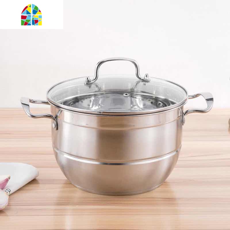 家用小蒸锅汤锅不锈钢加厚复底双层不粘蒸煮一体多功能迷你锅24cm FENGHOU 24cm钢本色二层小孔蒸片适合3-5人