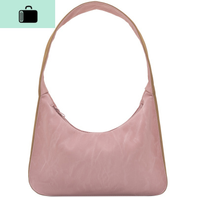 软面腋下包女2020新款小众潮牌拼色个性法棍包复古手拎包NEW LAKE 杏粉色女士单肩包