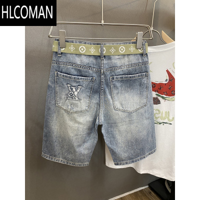 HLCOMAN浅色破洞牛仔短裤男2023夏季薄款潮牌百搭印花休闲合身直筒五分裤