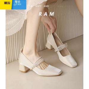 聚范粗跟婚鞋酒红色丝绒单鞋女法式珍珠玛丽珍旗袍高跟鞋宴会敬酒服鞋