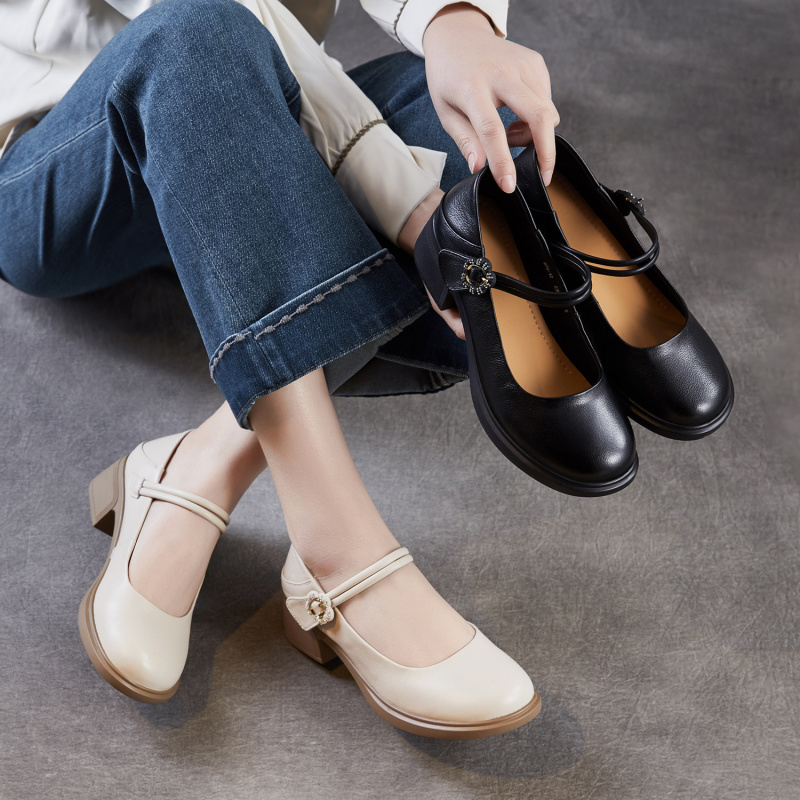 2026春季新款头层牛皮玛丽珍单鞋粗跟魔术贴浅口舒适小皮鞋妈妈鞋