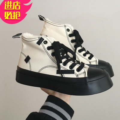 金三志大头鞋女圆头丑萌厚底高帮帆布鞋女2021年新款ulzzang百搭潮鞋ins帆布鞋