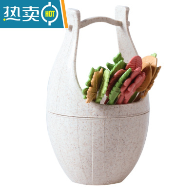 敬平木桶水果叉家用套装甜品点心蛋糕叉可爱水果签果插吃水果的小叉子 米色