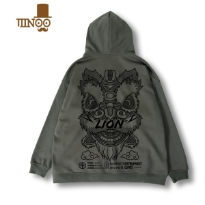 YANXU男装加肥加大国潮醒狮连帽加绒加厚拉链开衫卫衣男潮外套