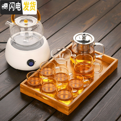 三维工匠整套耐热加厚玻璃茶具套装家用现代简约花茶壶茶 23合意壶直把杯9件套+竹制托盘+古韵电陶炉(白)+黄色沸水 7件
