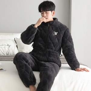 男士睡衣冬季玉狐绒三层夹棉加绒加厚法兰绒加肥加大码拉链家居服